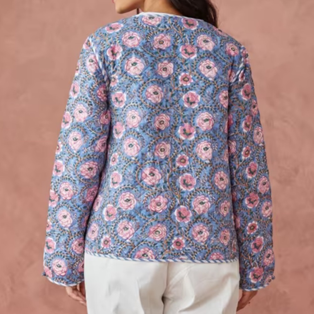 Fabindia Purple Floral Block Print 100% Cotton Quilted Button Front Jacket Large - Picture 2 of 10